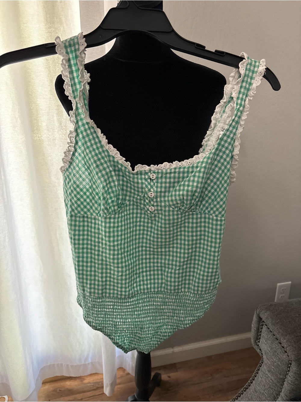 Green Gingham Lace-Trim Smocked Cami Tank